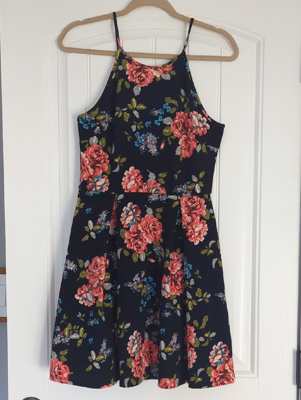 Floral Halter-Neck Women’s Dress, Navy Blue with Coral Roses
